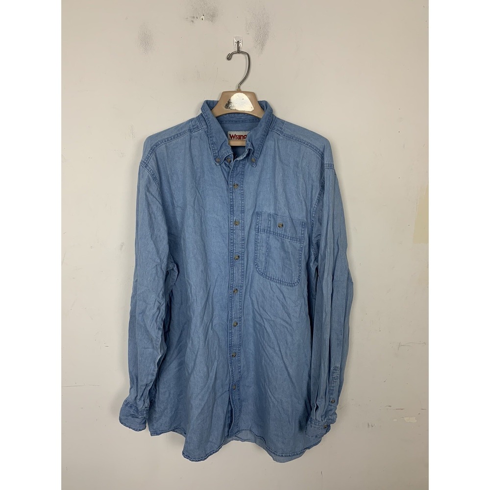 Wrangler Mens Shirt 2XT Denim Western Country Button Up Workwear Blue Chambray